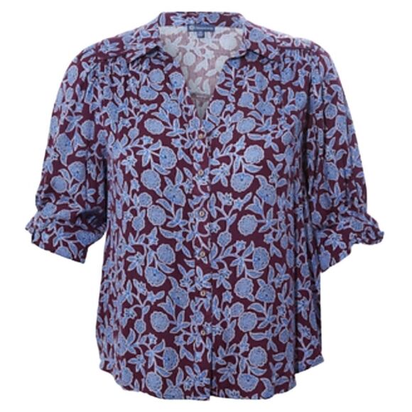 EC DEMOCRACY BOHO BELOW ELBOW SINCHED SLEEVE BUTTON DOWN WOVEN TOP SZ.S - Picture 1 of 4
